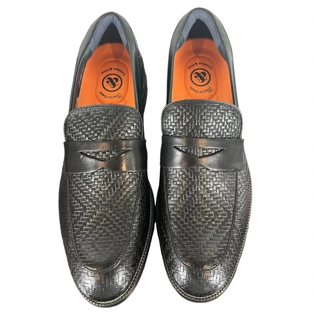 Men's Black Woven Leather Penny Loafers